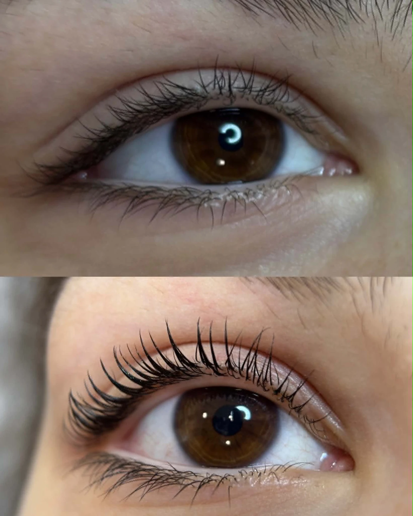 Lash lifting před a po – hnědé oči a zvýrazněné přírodní řasy