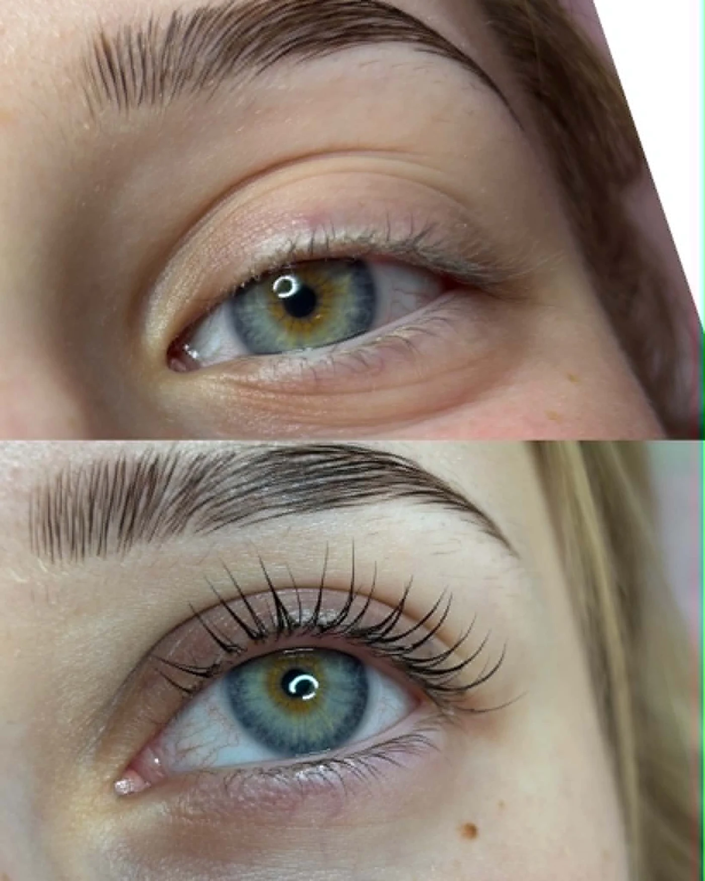 Lash lifting před a po – modrozelené oči klientky M&D Studio Zlín