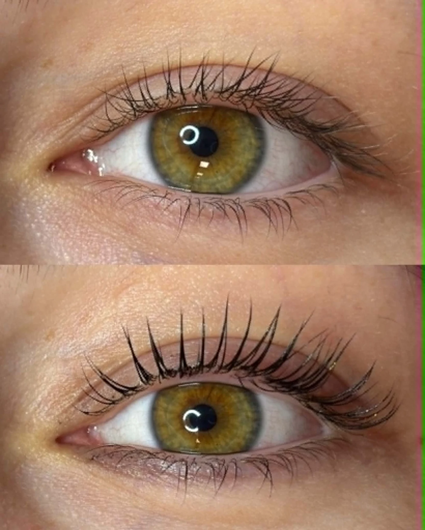 Lash lifting před a po – zelené oči a přirozeně natočené řasy