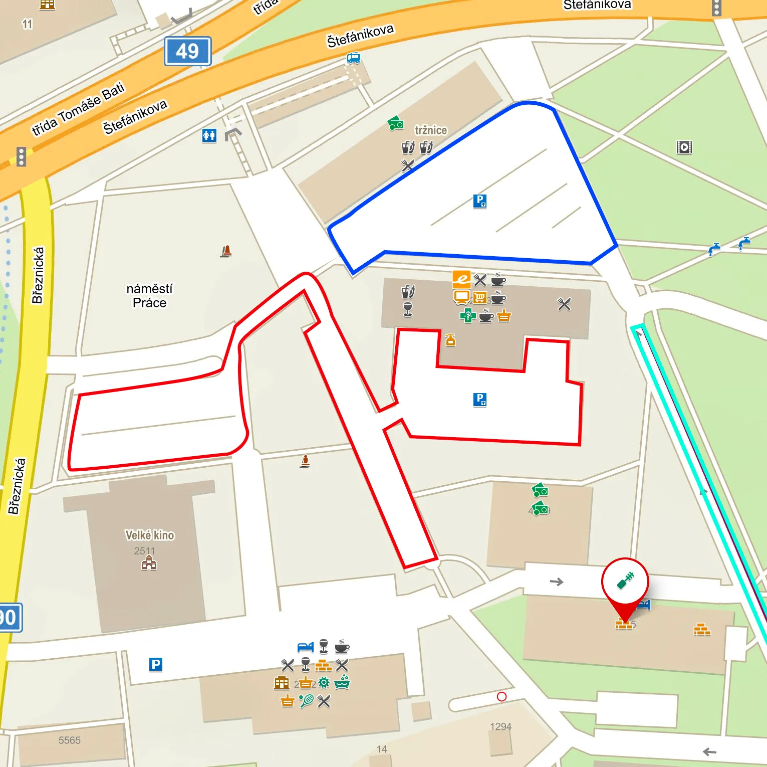 Mapa doporučených parkovišť v okolí M&D Studia Zlín
